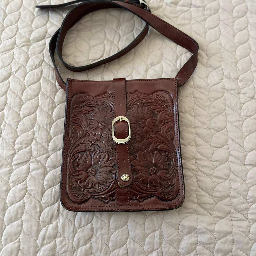 Patricia Nash Brown Leather Floral Embossed Crossbody Bag